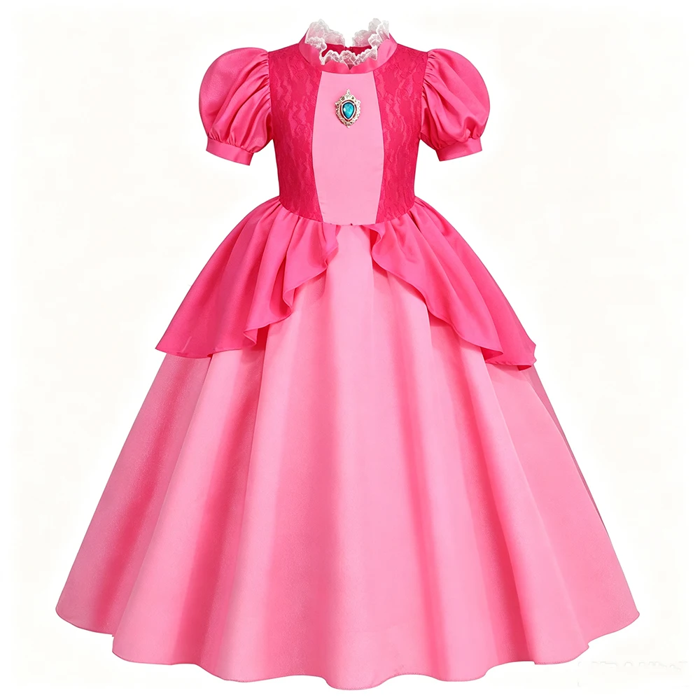 Peach Costume Girl Summer Princess Dress Lightweight Soft Fancy Costume with Crown Gloves Earrings for Kids Carnival Christmas