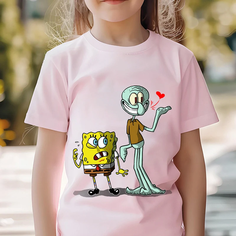 SpongeBob SquarePants Printed Kids T-shirt Summer Children's Cotton Short Sleeve Suitable for Boys and Girls Pink Casual Tops