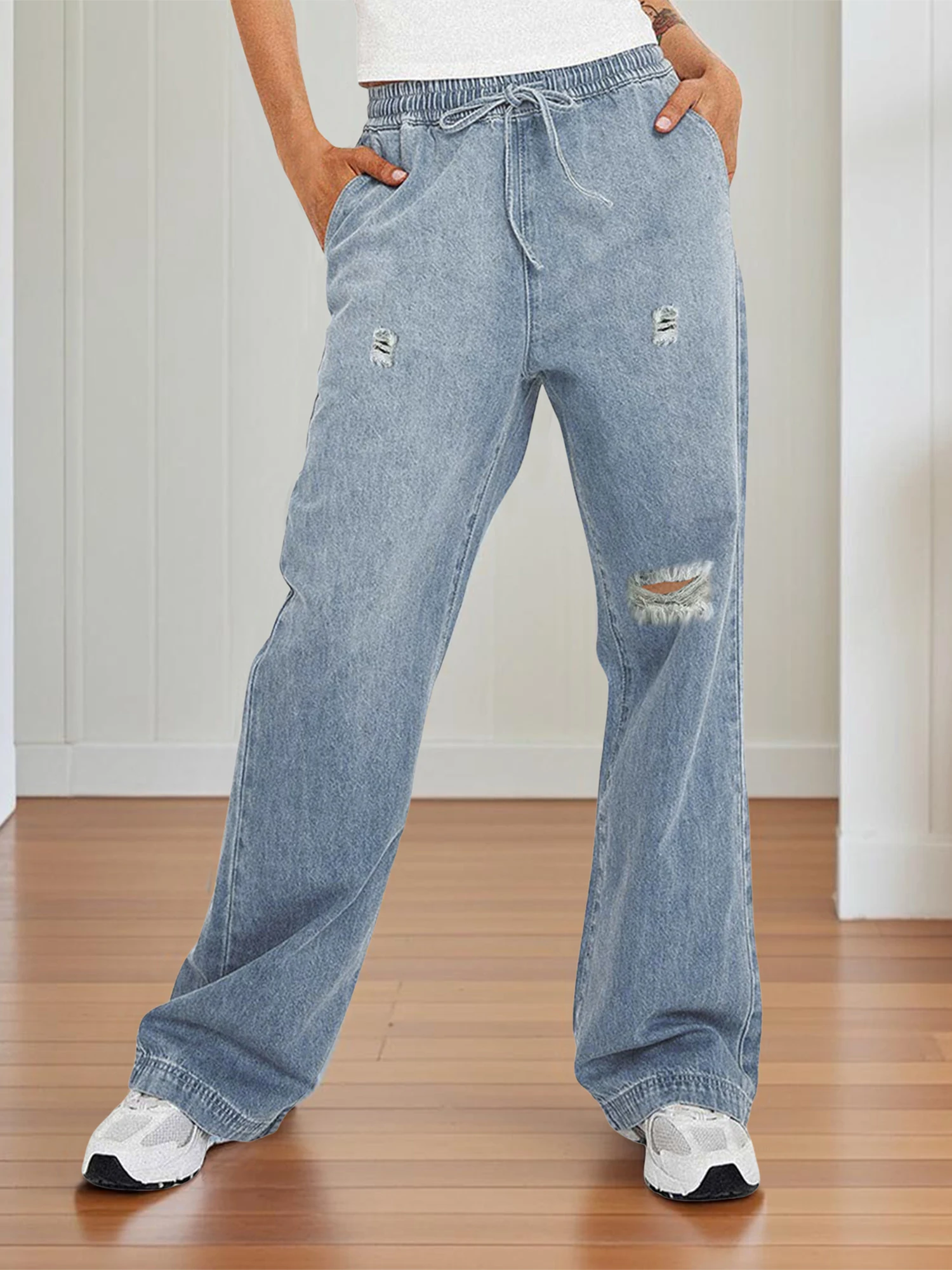

Women s Distressed Oversized Denim Trousers with Adjustable Drawstring Waistband and Spacious Pockets for a Relaxed Look
