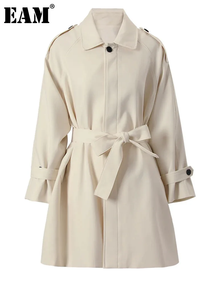 

[EAM] Women Beige Belted Big Size Casual Trench New Lapel Long Sleeve Windbreaker Fashion Tide Spring Autumn 2024 CPG1176