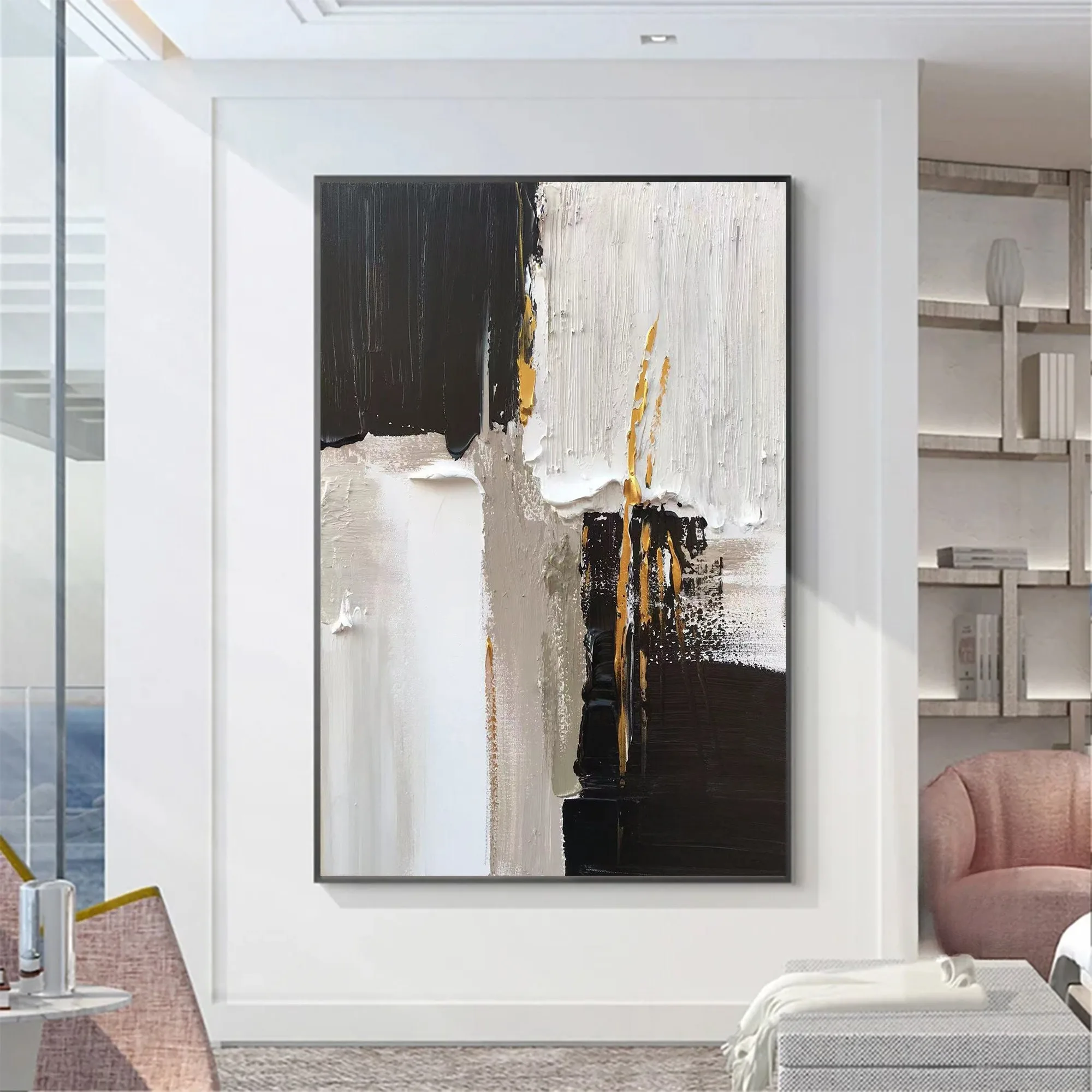 

100% handmade black and white abstract oil painting minimalist golden texture painting for modern living room home wall decor