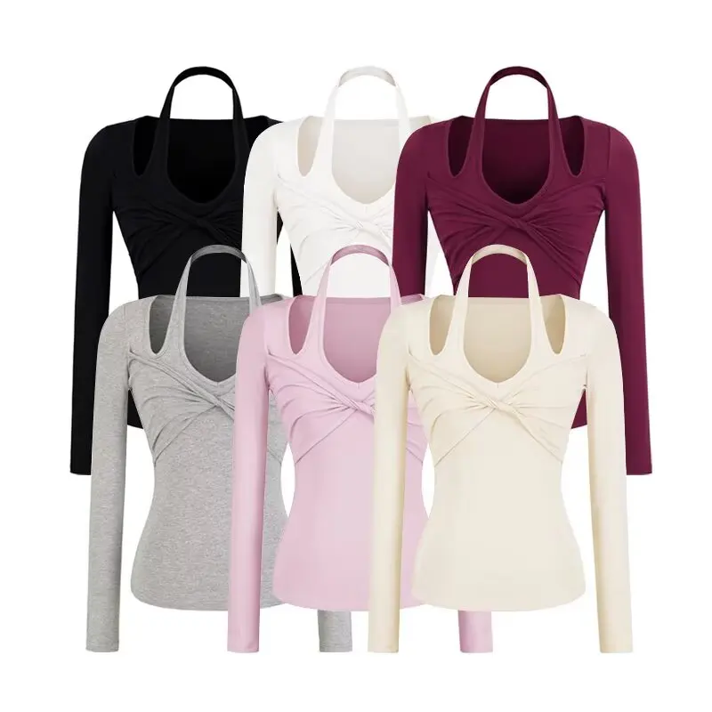 Elegant Anti-Aging Ant Waist T-Shirt Long Sleeve Hanging Neck T-Shirt Retro Knot Hollow out Base Shirt for Women Simple Style
