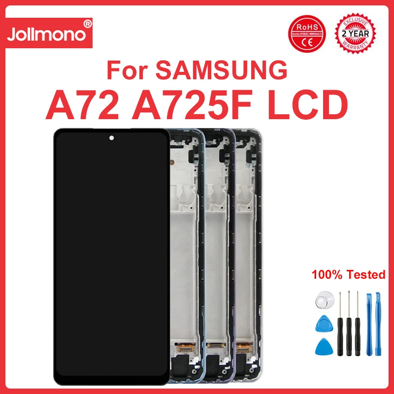 Super AMOLED A72 Display Screen, for Samsung Galaxy A72 A725F A725F/DS L cd Display Digital Touch Screen with Frame Assembly