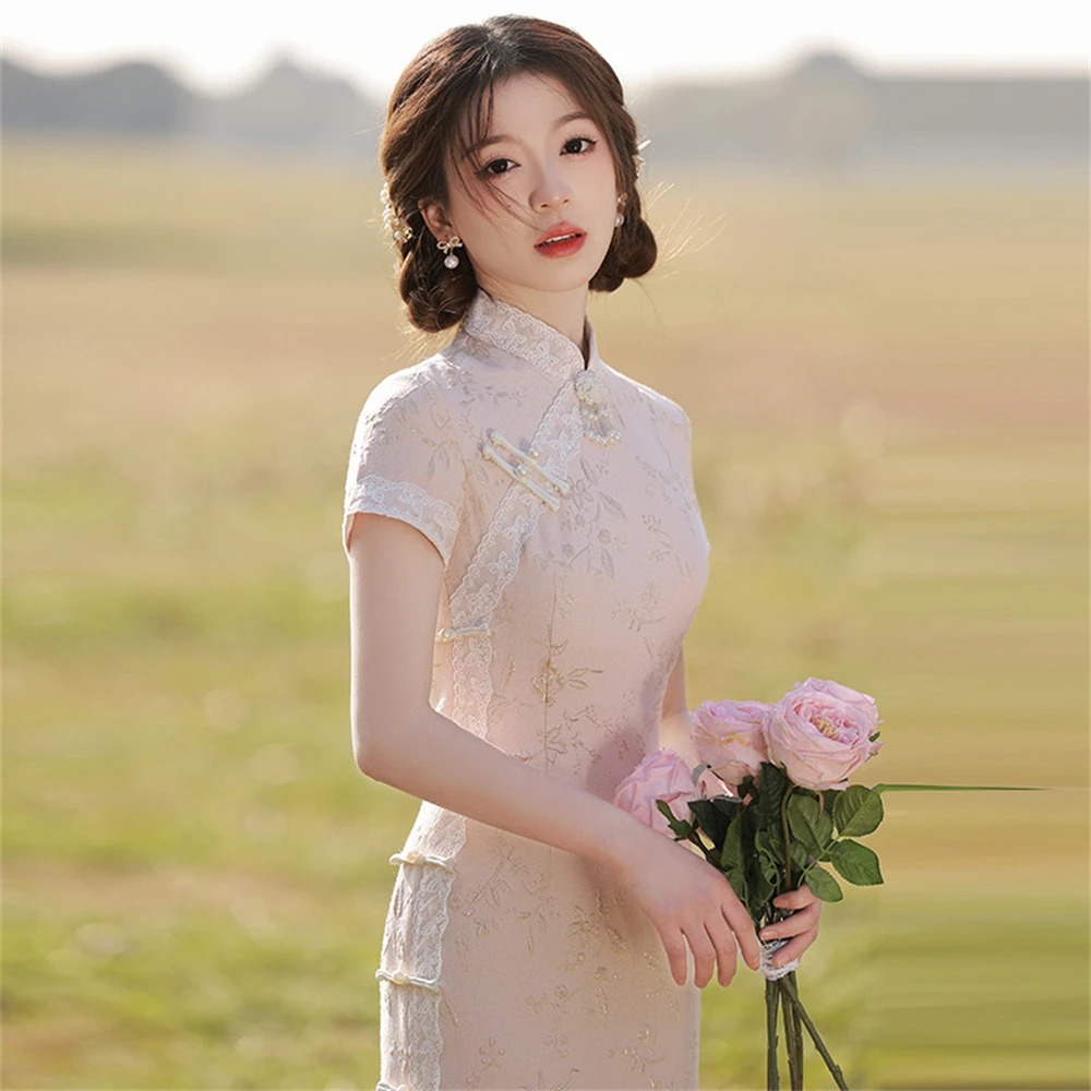 Young Girl High-end Temperament Improved Cheongsam Light Pink Embroidery Short-sleeved Long Qipao Chinese Traditional Dress New