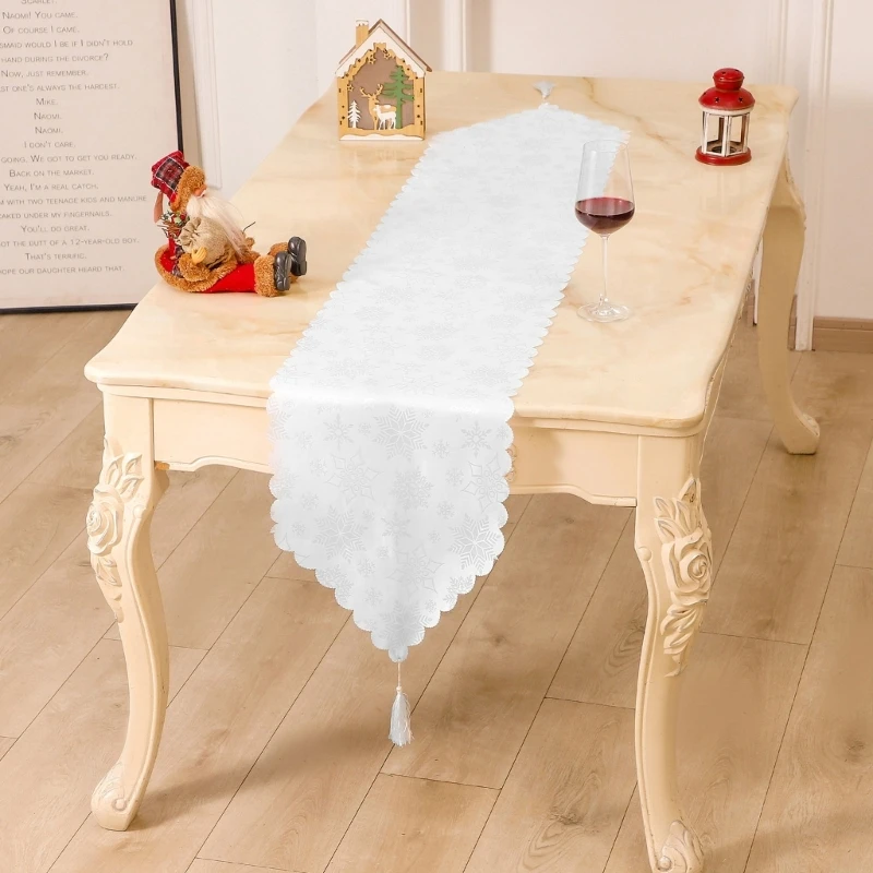 Trendy Christmas Table Runner, Winter Party Decor, Washable Table Cover Tablecloth with Red White Snowflakes 180cm