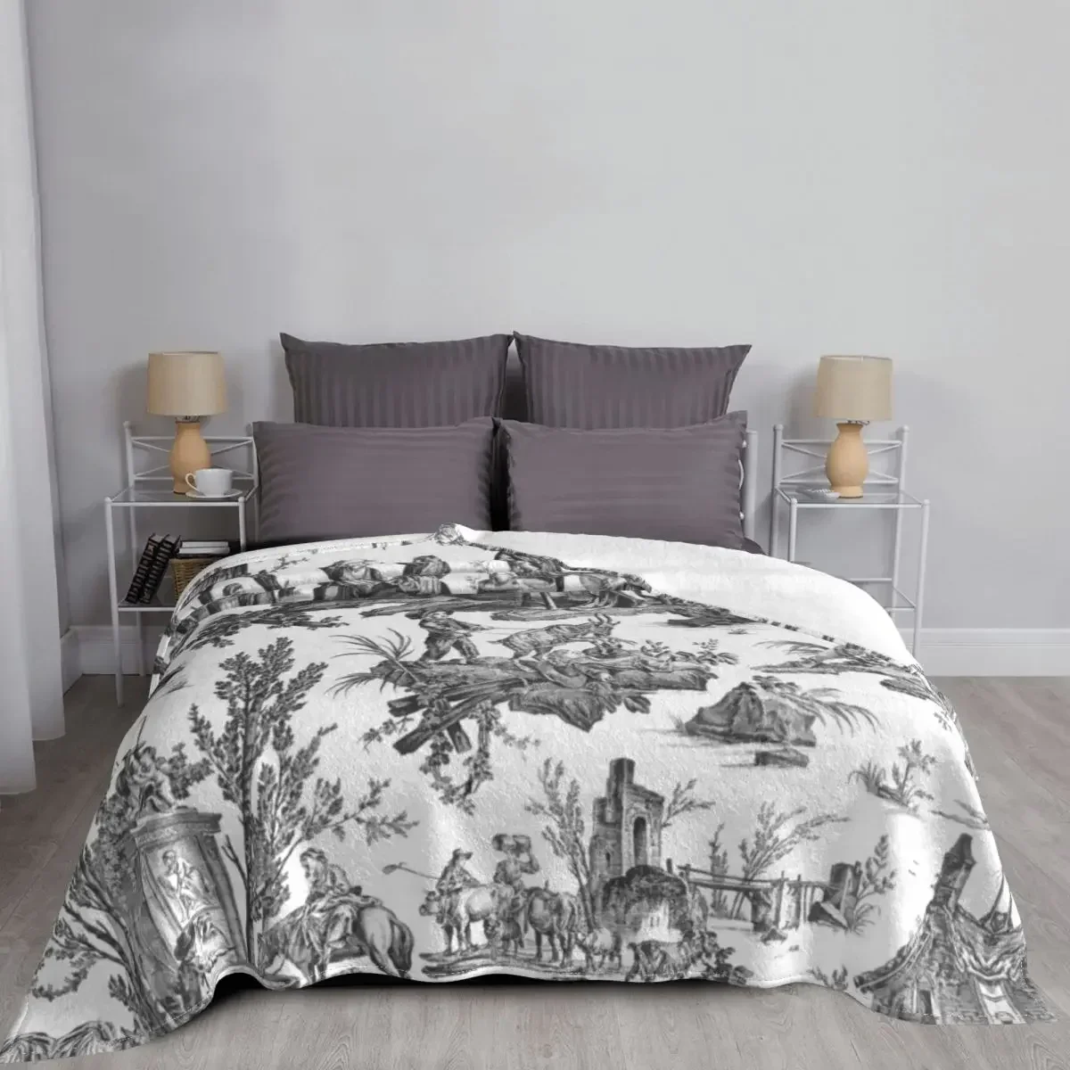 Black and White Toile De Jouy Blanket Soft Fleece Warm Flannel French Motifs Floral Throw Blanket for Sofa Office Bed Quilt Gift