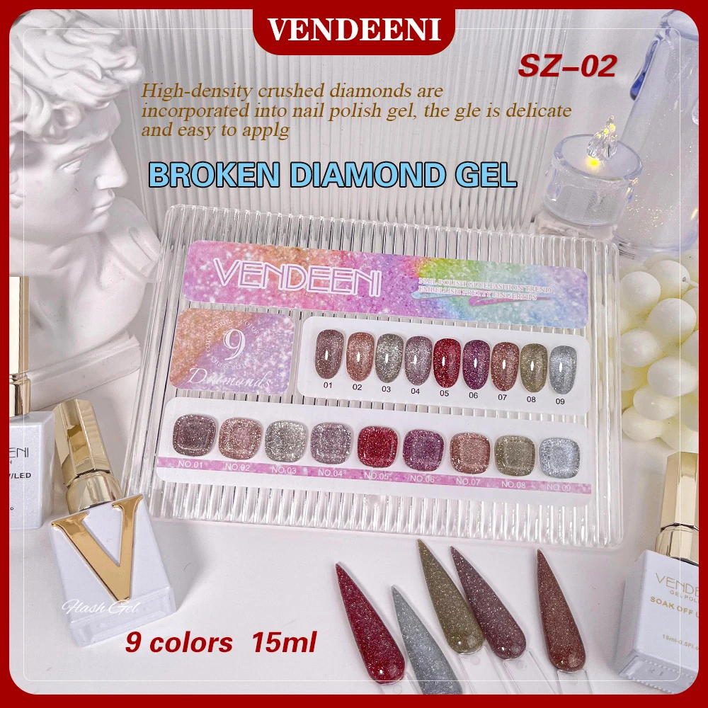 

Vendeeni 15ml Red Glitter Broken Diamond Gel Nail Polish 9 Colors/set Flash High Density Soak Off Colorful UV LED Gel Varnish