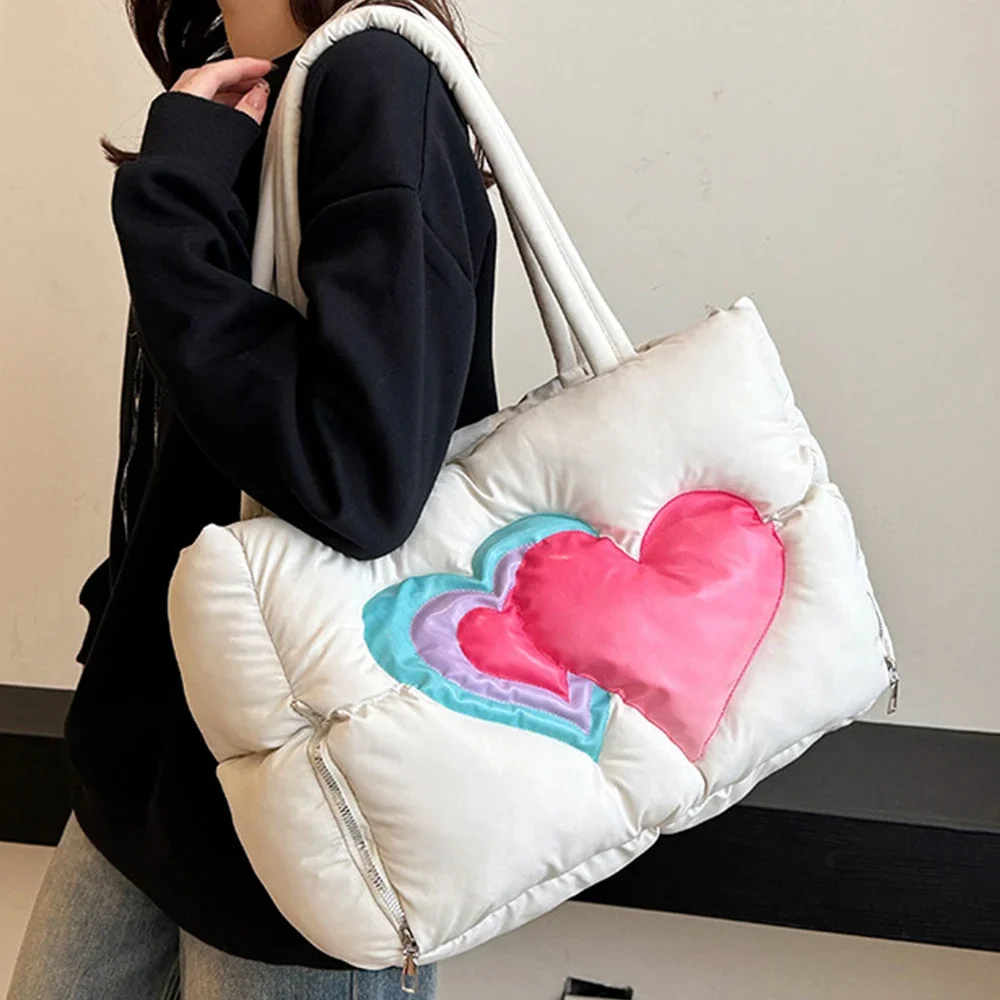 

Puffy Candy Hearts Tote Bag Large Capacity Space Cotton Bags for Women Shoulder Bag Nylon Quilted Handbag Designer Shopper Purse