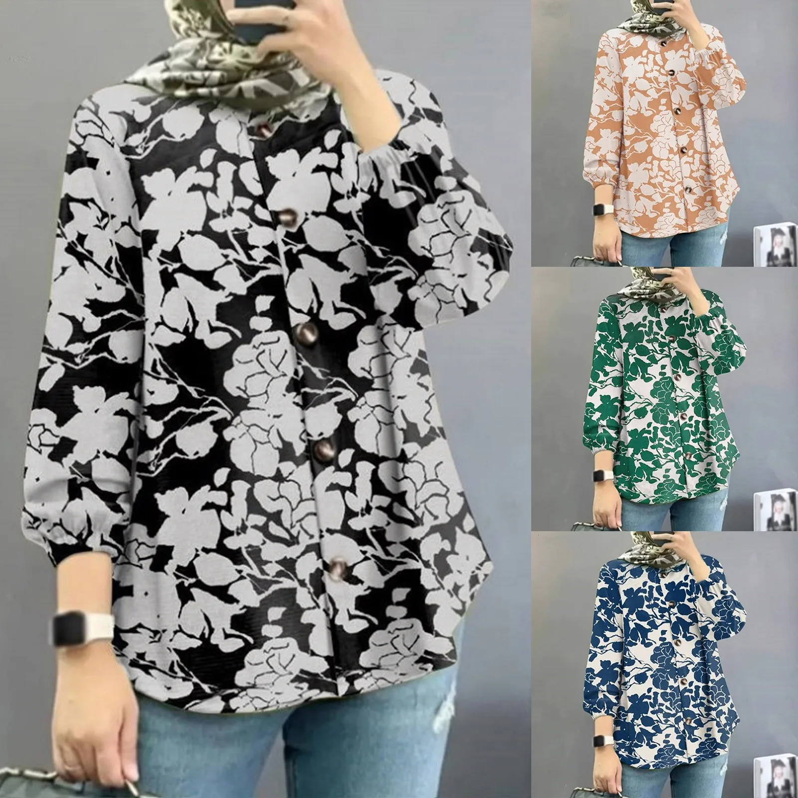 muslim women clothing Floral Shirt Robe Fashion Puff Sleeve Chemise Bohemian Casual Shirt Tops Blouse женская одежда из Турции