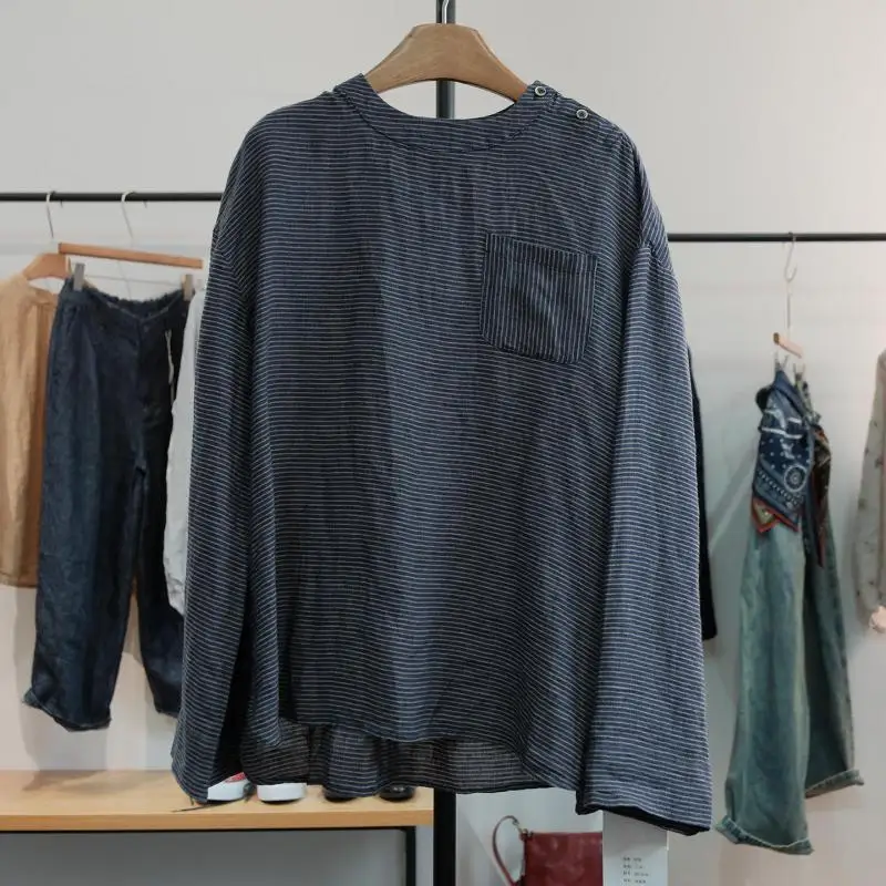 

Autumn Arts Style Women O-neck Long Sleeve Loose Casual Tops Tees Single Pocket Cotton Linen Striped T-shirt High Quality T6183