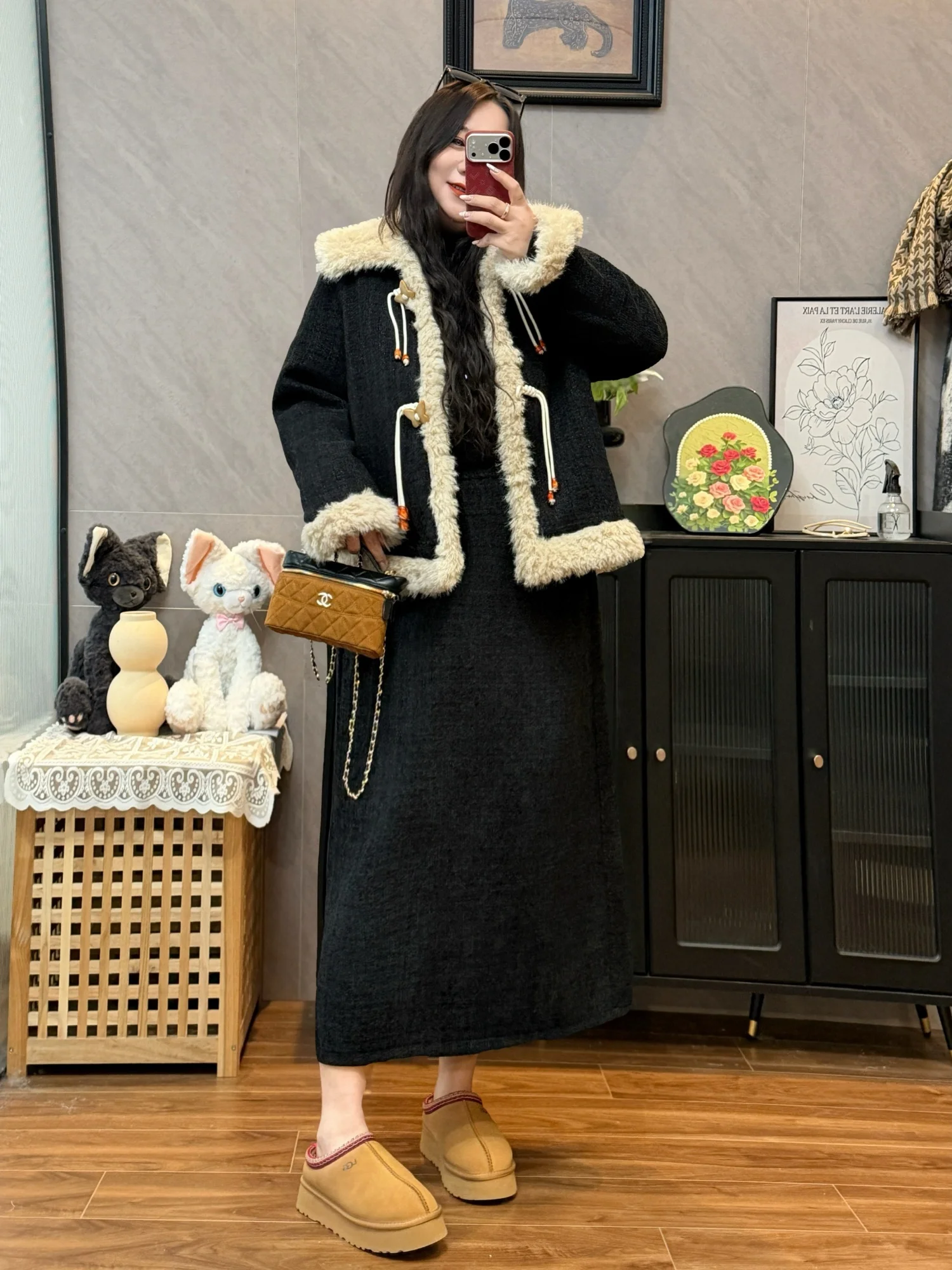 

Зимний комплект больших размеров: плюшевое пальто и юбка в корейском стиле для полных девушек, с завышенной талией, прямого кроя, для повседневной носки