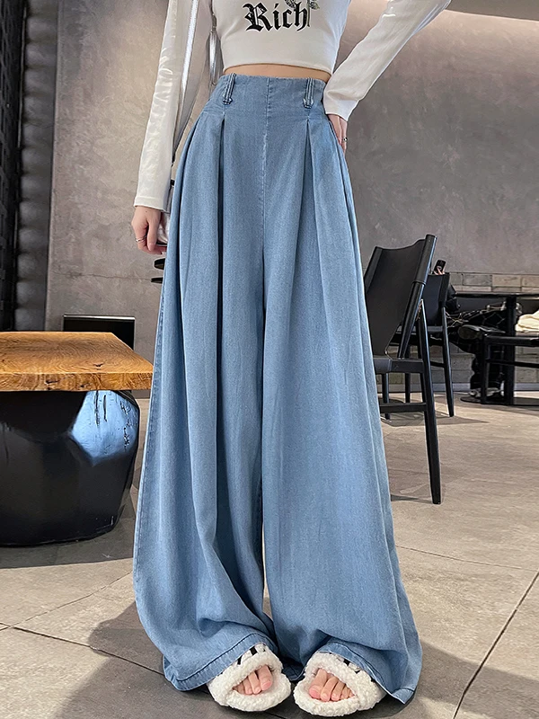 

Легкие шелковые джинсы с широкими штанинами для женщин, весна-лето, с высокой талией, свободные, повседневные, струящиеся, в пол, в стиле BF Lazy Sle