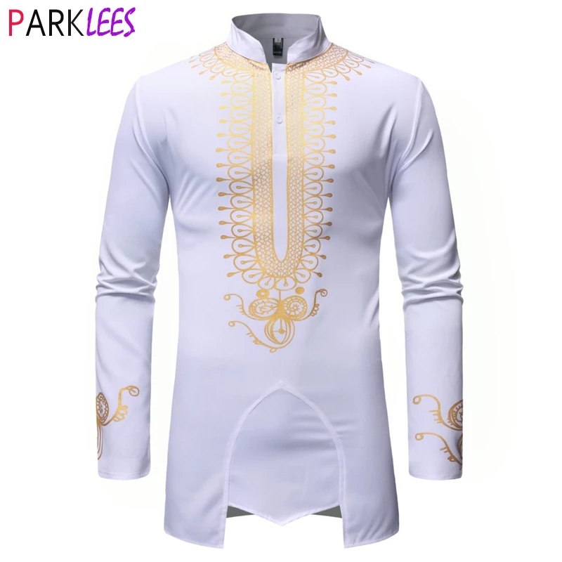 

Luxury Metallic Gold Print African Man Clothing Agbada Kaftan Attire White Wedding Mens Dress Shirts Nehru Collar Dashiki Shirt