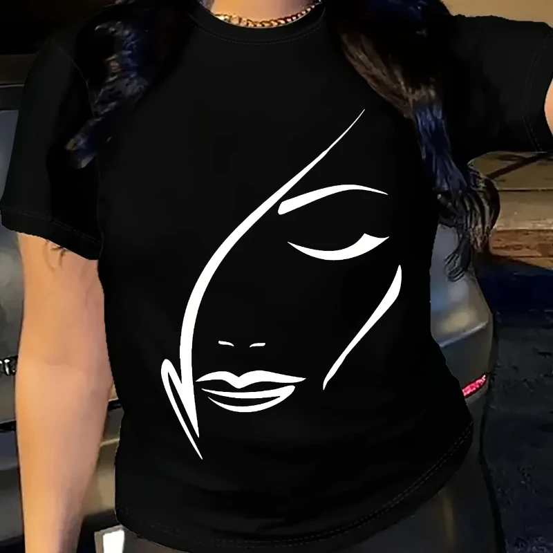 

Футболки больших размеров с графическим принтом Face Line Art, летние забавные модные повседневные топы для женщин, футболки больших размеров с круглым вырезом и короткими рукавами