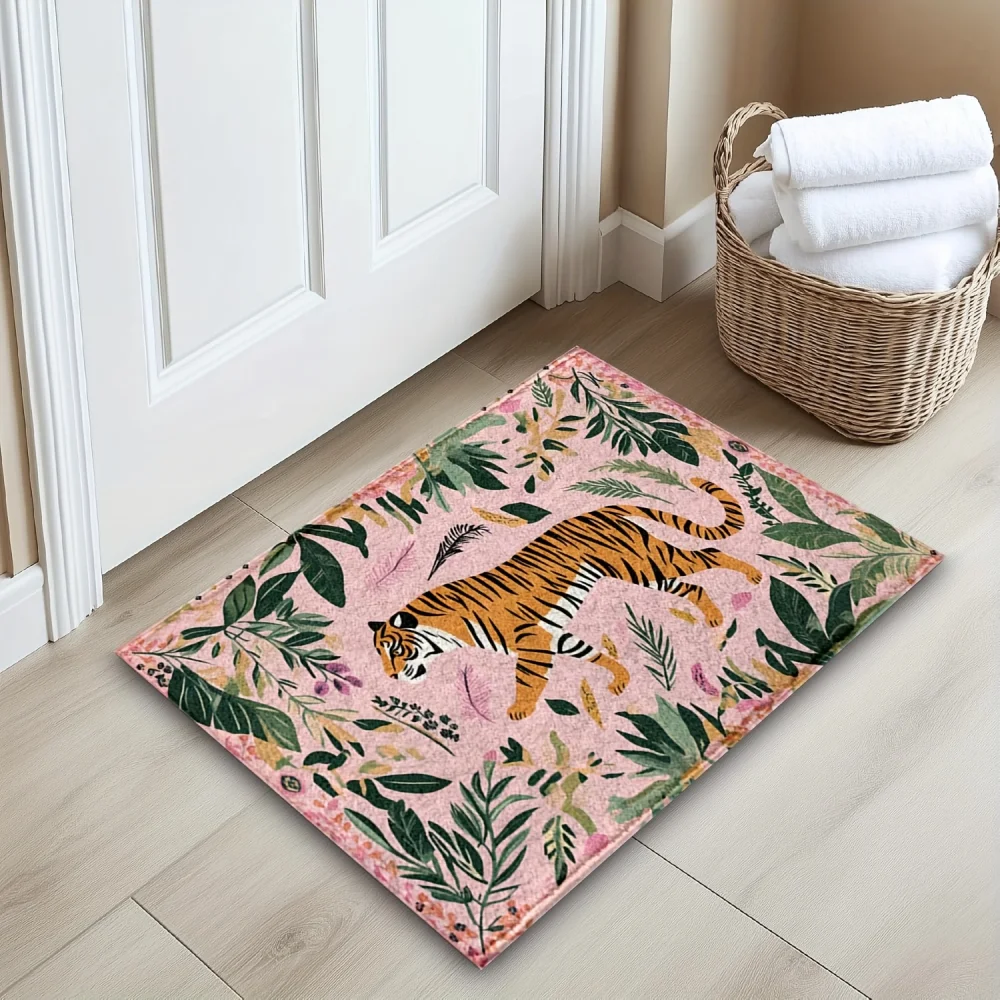 VIKAMA Pink Tropical Tiger Jungle Botanical Leaf Art Flannel Door Mat Non Slip Entryway Bedroom Living Room Home Decor Trendy