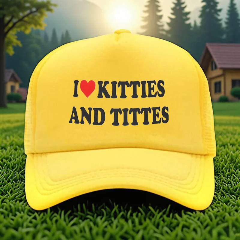 

1pc Adjustable Trucker Hat "I Love Kitties and Titties" Print, Black Polyester Cap with Red Heart Design, Perfect for Outdoor