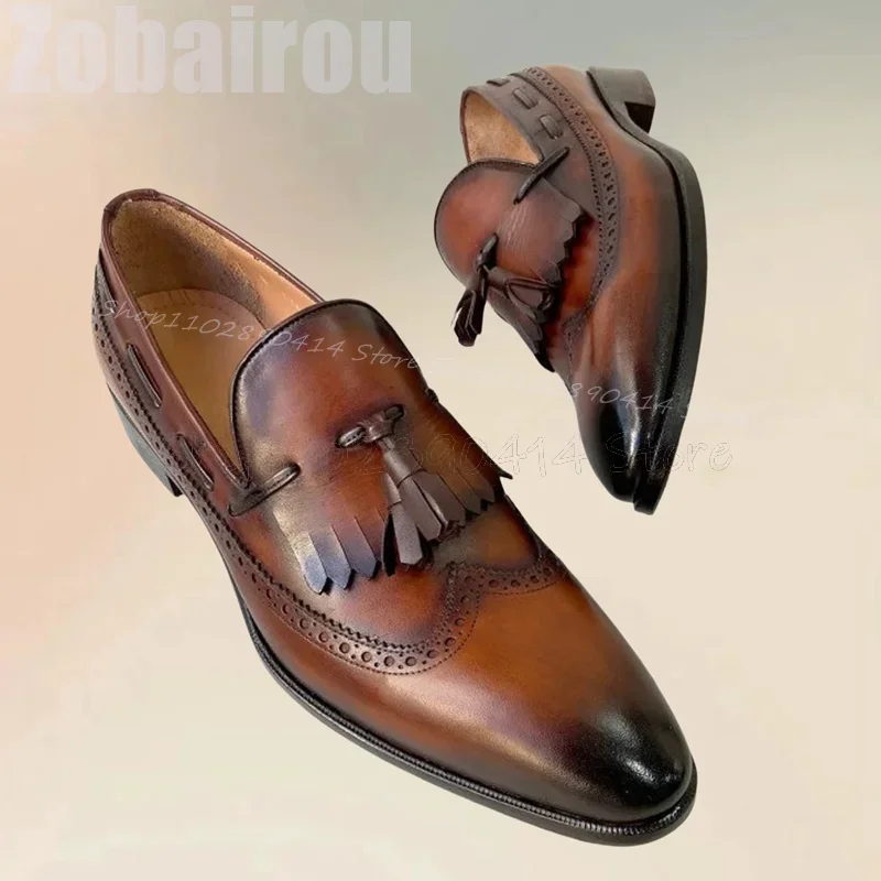 

Brown Knitted Carving Design Tassels Decor Loafers Fashion Slip On Men Shoes Luxury Handmade Party Feast Office Men Dress Shoes