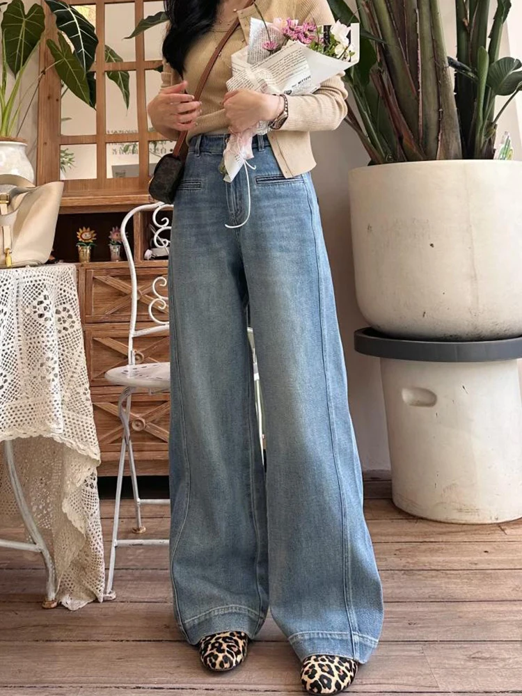 

Light Blue Washed High Waist Wide Leg Jeans Women's Fashion Spring New Design Slimming Denim Pants European Korean Style