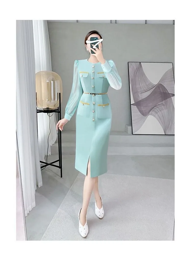 Insozkdg Blue Little Fragrant Work Dress Long Maxi Elegant Fashion Spring Celebrity Temperament Professional Commuting Korean