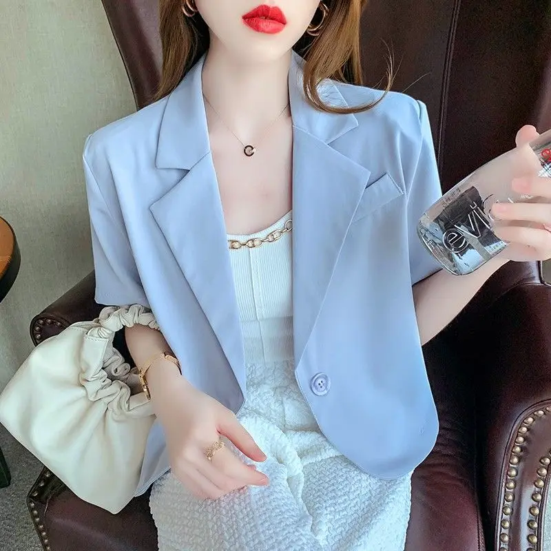 Summer Office Lady Solid Color Blazers Stylish Single Button Women\'s Clothing Short Sleeve Casual Spliced Lapel Loose Suits 2023