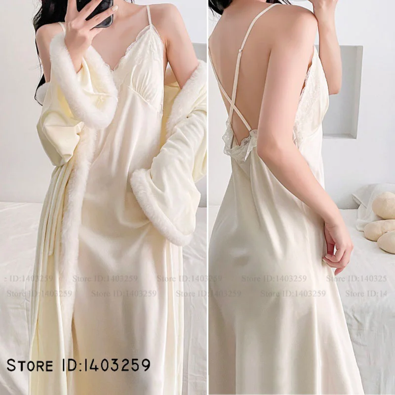

French Style Elegant Long Robe Nightgown Set Autumn Winter Island Velvet Sleepwear Satin Nightdress Sexy Lace Lingerie Homewear
