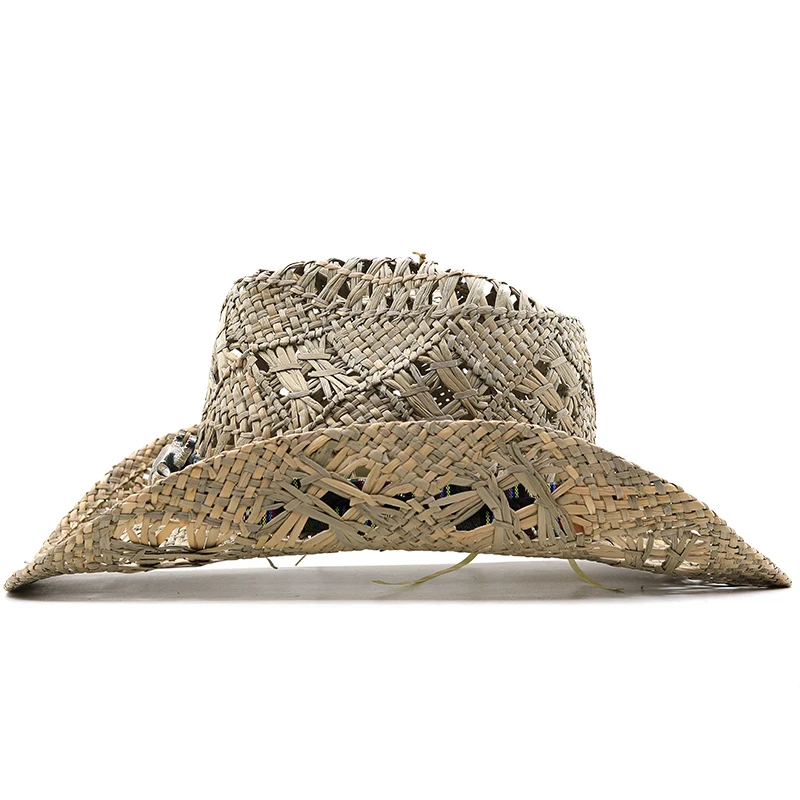 Straw Hats Panama Western Cowboy Straw Women Men Summer Hat Jazz Caps Beach Windproof Rope Cap Out Shading Wide Brim Hat