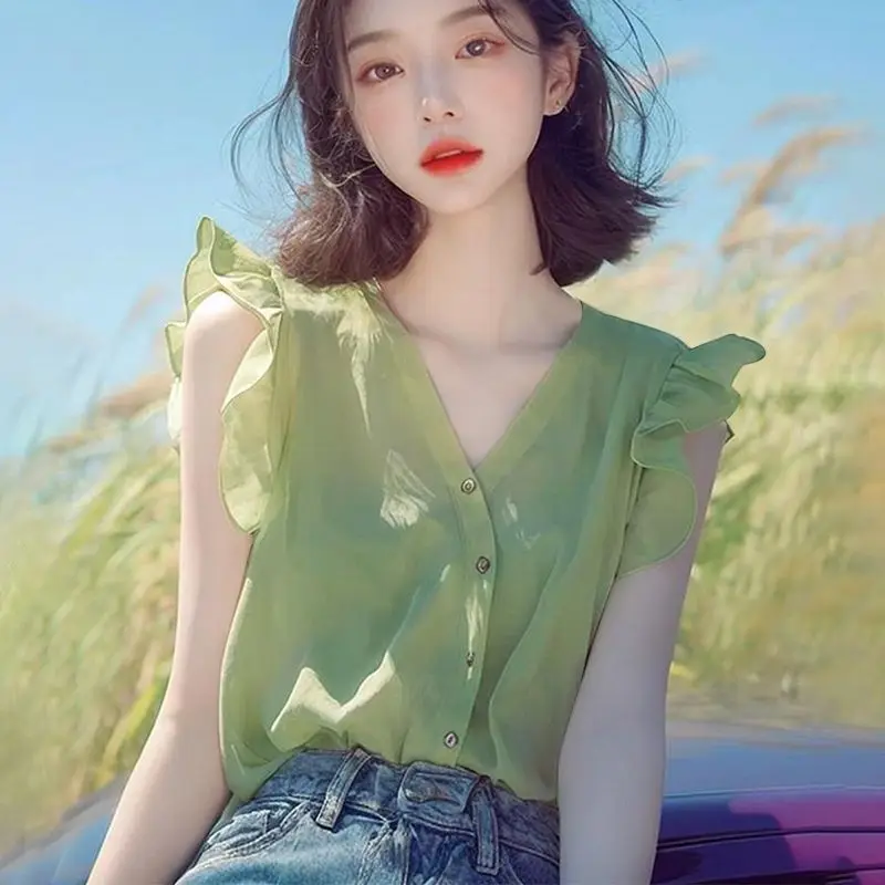 

Летняя свежая и элегантная рубашка для женщин, уменьшающая возраст темперамента, шифоновая блузка без рукавов с рюшами для ношения на улице