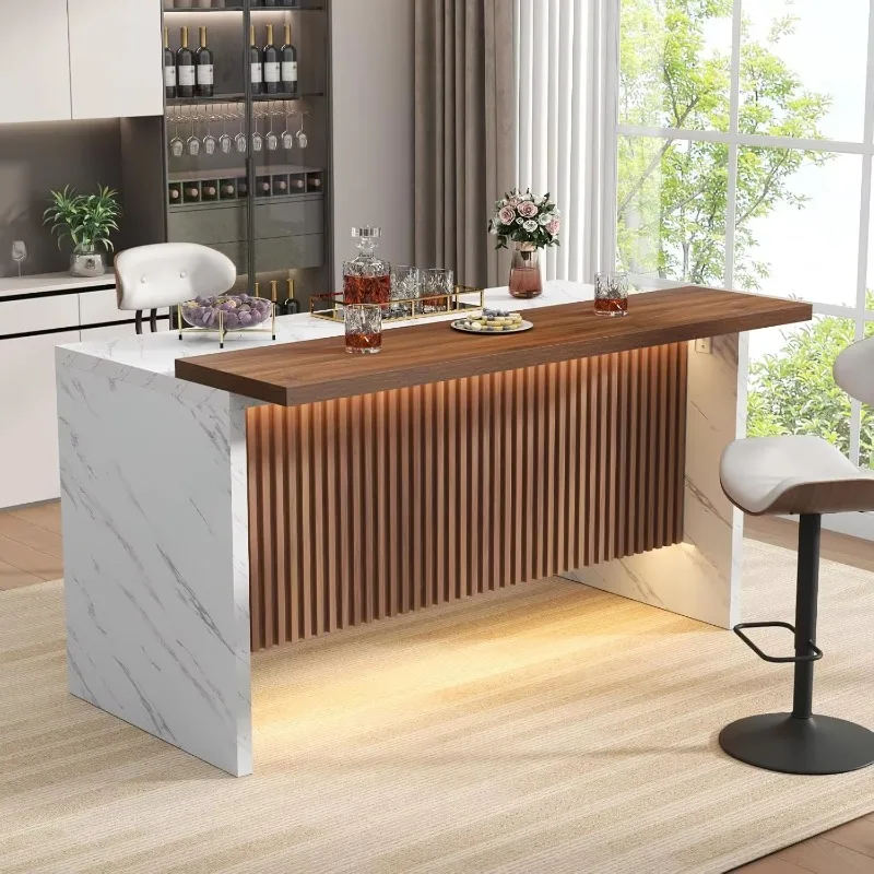 modern sintered stone engineered wood rectangular bar counter LED lights with independent grille design marble countertop