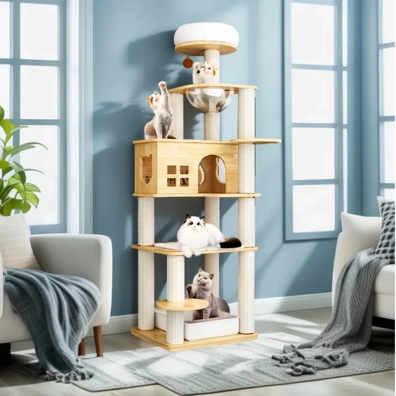 Wood Large Cat Tree House Wooden Cat Tower With Sisal Rope Scratching Posts Climbing Scratcher Frame Toy