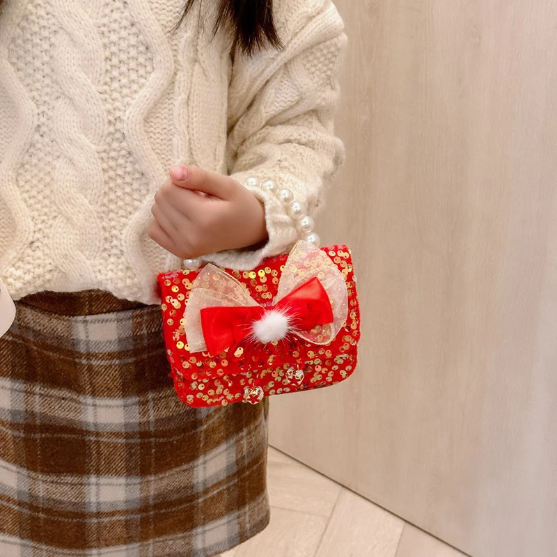 New Year Red Bow Shoulder Bag Pearl Handle Princess Handbag Kids Chain Crossbody Bags Children Coin Purse Clothing Accessories