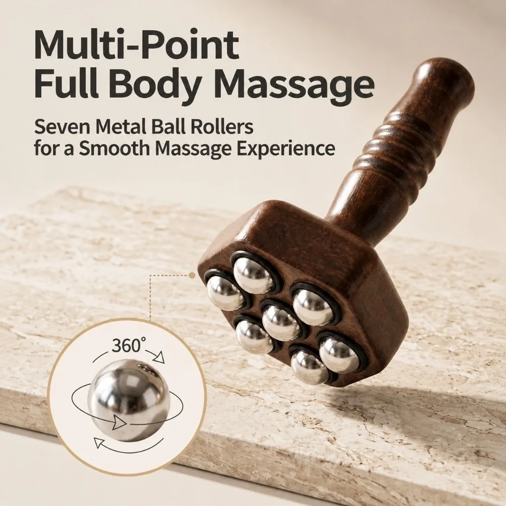 Wood Massage Roller Metal Ball Roller Multi ball Head Body Massager Polished Surface Hand Grip Handle Gua Sha Tool For Full Body