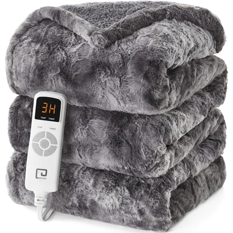 Electric Heated Blanket Throw Faux Fur, 10 Hours Auto Shut Off 9 Heating Levels Heating Blanket Throw, Soft Warm Heated