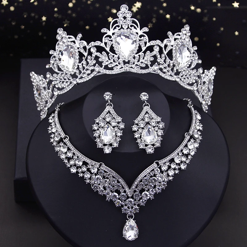 Purple Crown Bride Jewelry Sets Luxury Princess Wedding Tiaras Choker Necklace Set Bridal Earring Costume Jewelry Dubai Sets