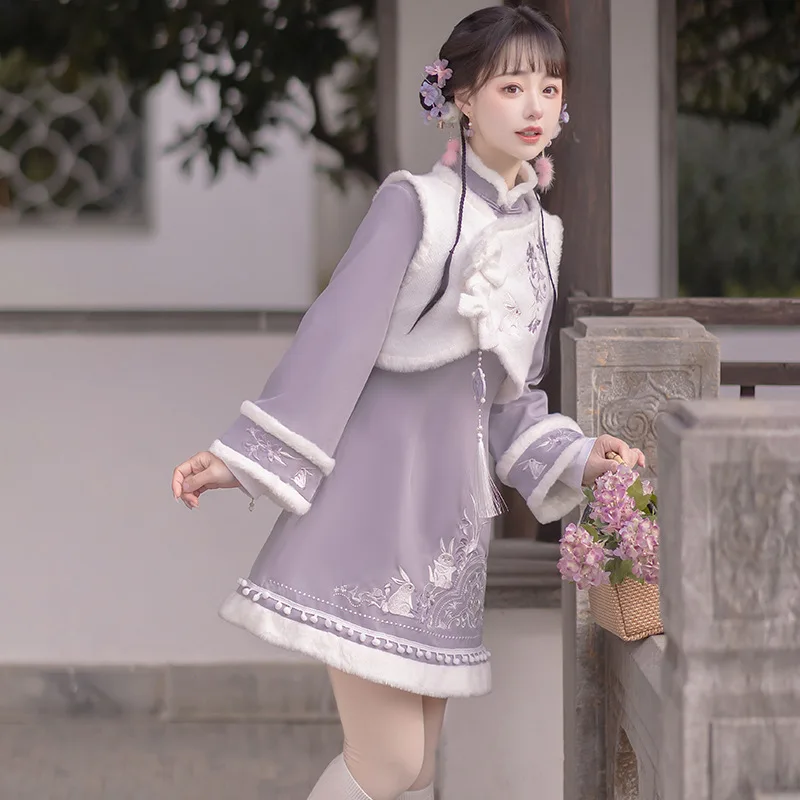 Winter Lolita Women One Piece Dresses Girls Kawaii Princess Sweet Purple Rabit Dress Chinese Cute Hanfu Cosplay Costume Dress