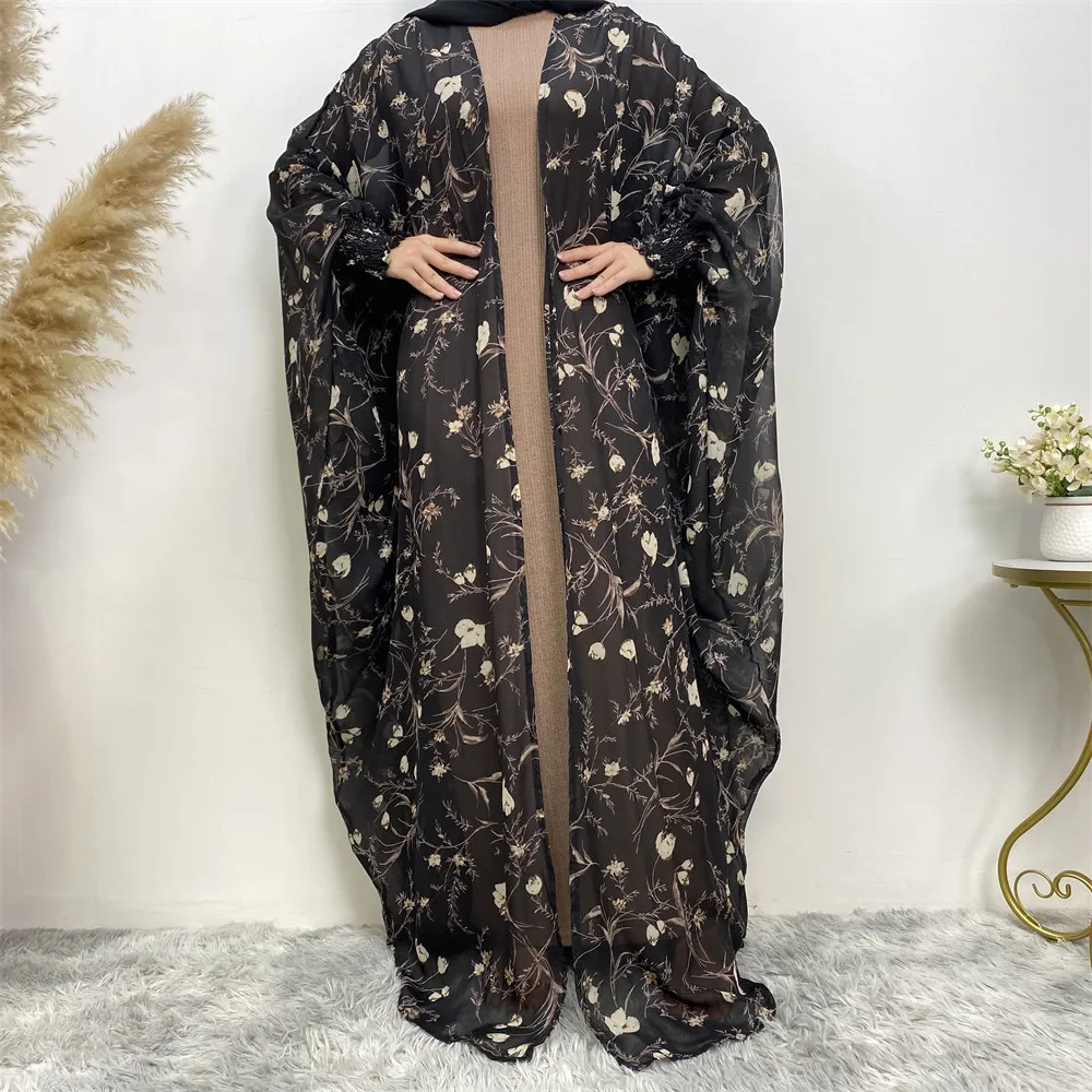 Women Batwing Sleeve Abaya Dubai Open Front Kaftan Farasha Style Long Dress Muslim Cardigan Floral Printed Caftan Islamic Clothe