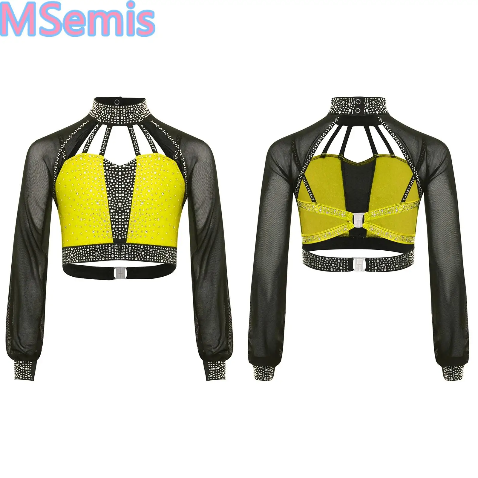 

Girls Shiny Rhinestones Dance Crop Top Long Sleeves Mock Neck Sheer Mesh Figure Skating Latin Jazz Color Block Dance Shirt Tops