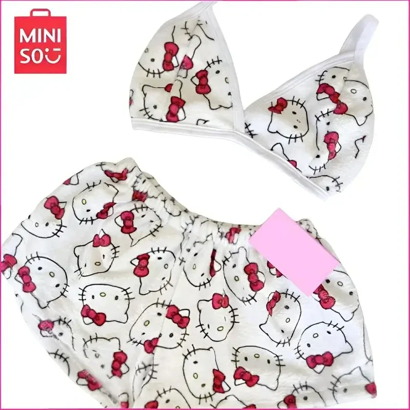 

Hello Kitty Loose Ladies Pajama Suits Sanrio Kawaii Cartoon Sleep Bottoms Lounge Home Wear Summer Beachwear for Women Two-Piece