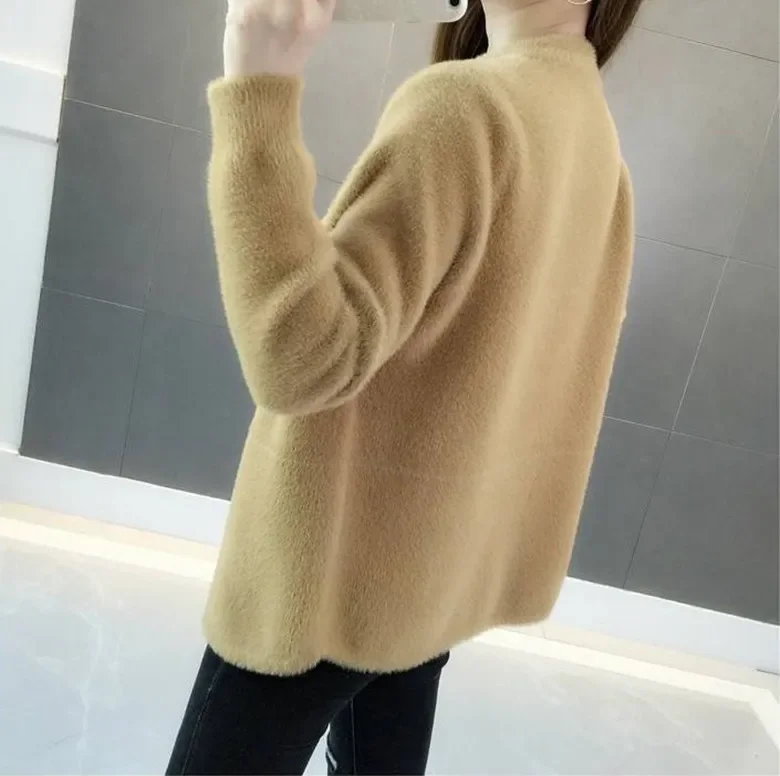 2024 Mink Fur Autumn and Winter Sweater Coat Ladies Hairy Soft Loose Velvet Long-sleeved Cardigan Jacket White Black Red Khaki