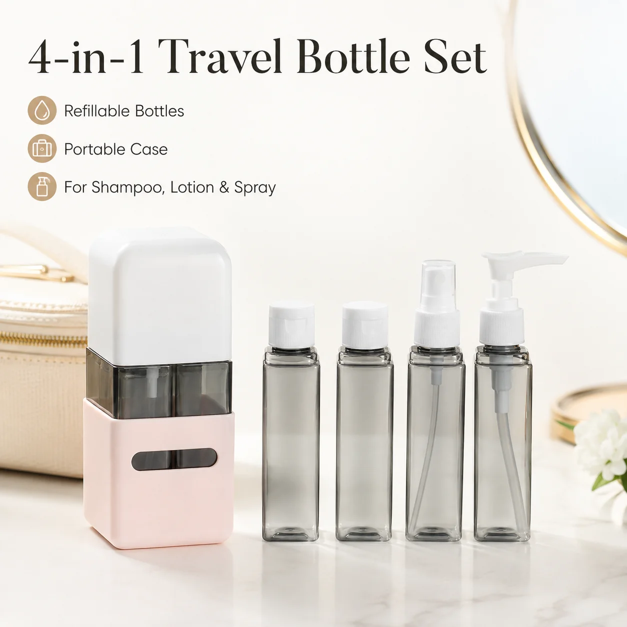 4 In 1 Travel Bottle Set Refillable Shampoo Shower Gel Lotion Spray Empty Containers Portable Toiletry Organizer Storage Case