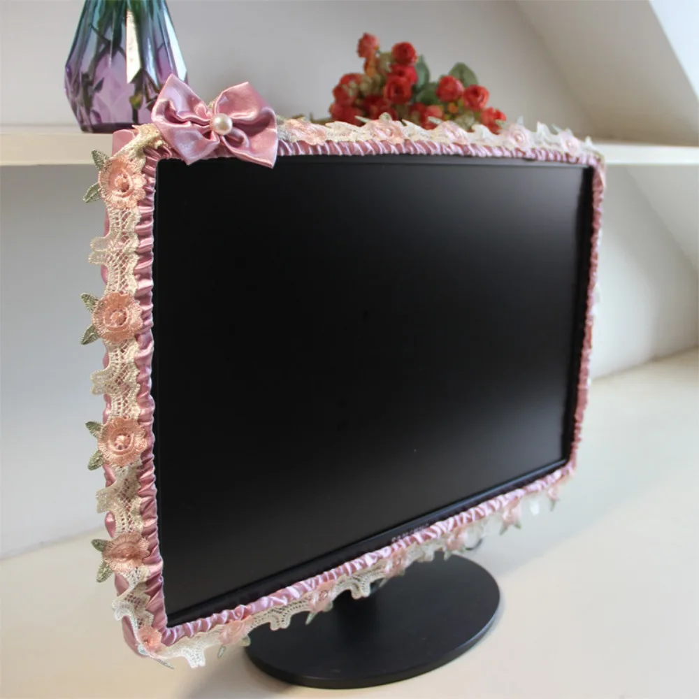 

Bow Tie Computer Monitor Cover Soft Fabric Lace Design Monitor Dust Cover Elastic Cute Decorations Computer Frame Protector