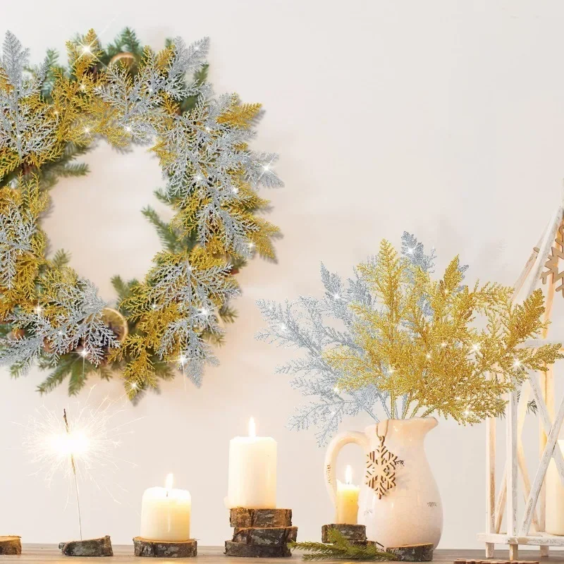 30/5Pcs Christmas Glitter Gold Silver Leaves Xmas Tree Decoration Pendant Artificial Plants Pine Branches Home New Year Ornament image 5
