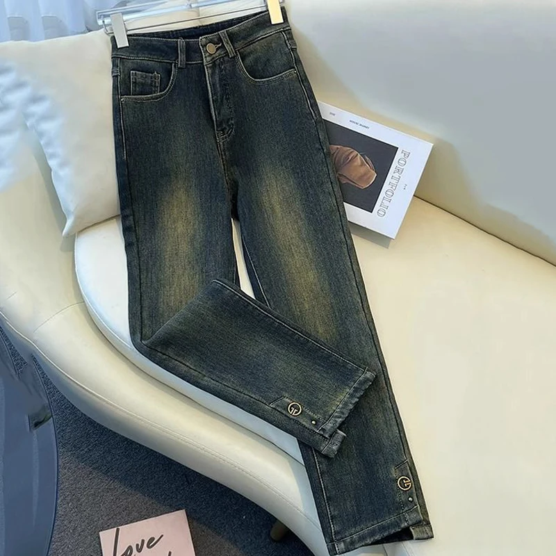 

Осенние новые стильные джинсы-трубки для женщин, облегающие брюки с высокой талией в стиле ретро, популярные девятидюймовые прямые брюки