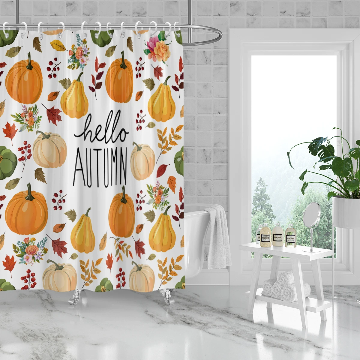 1 piece 180x180cm Hello Autumn Pumpkin Pattern Printed Shower Curtain Partition Bathroom Waterproof and Mold proof