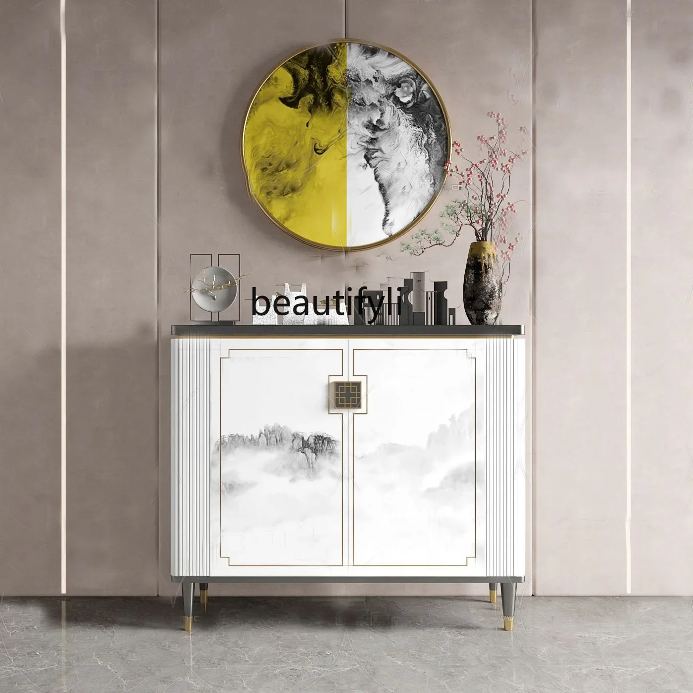 Chinese light luxury dining side cabinet popular painted art entrance cabinet modern solid wood shoe cabinet hotel