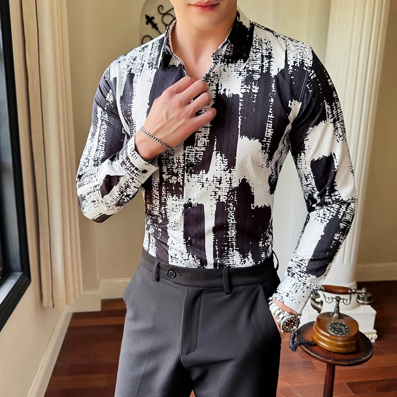 Vintage Digital Print Long Sleeved Camisas De Hombre Stylish Lapel Slim Fit Korean Male Casual Shirts Streetwear Plus Size 6XL-M