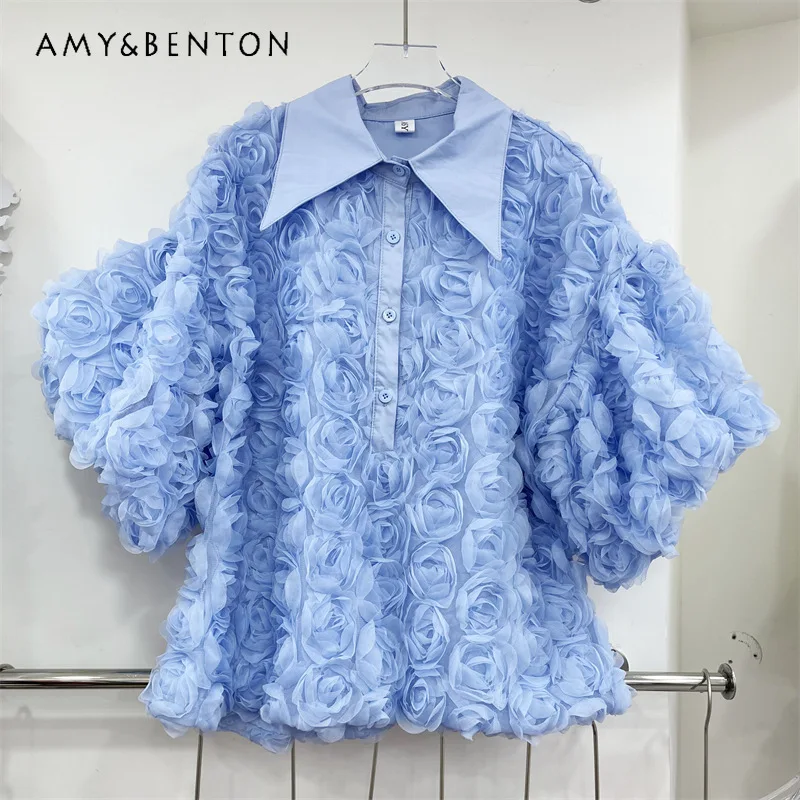 

Elegant Lapel Blusas High-end Slimming Fashionable And Versatile 3d Floral Shirt For Women's Y2k Clothes Single-breasted Blouse