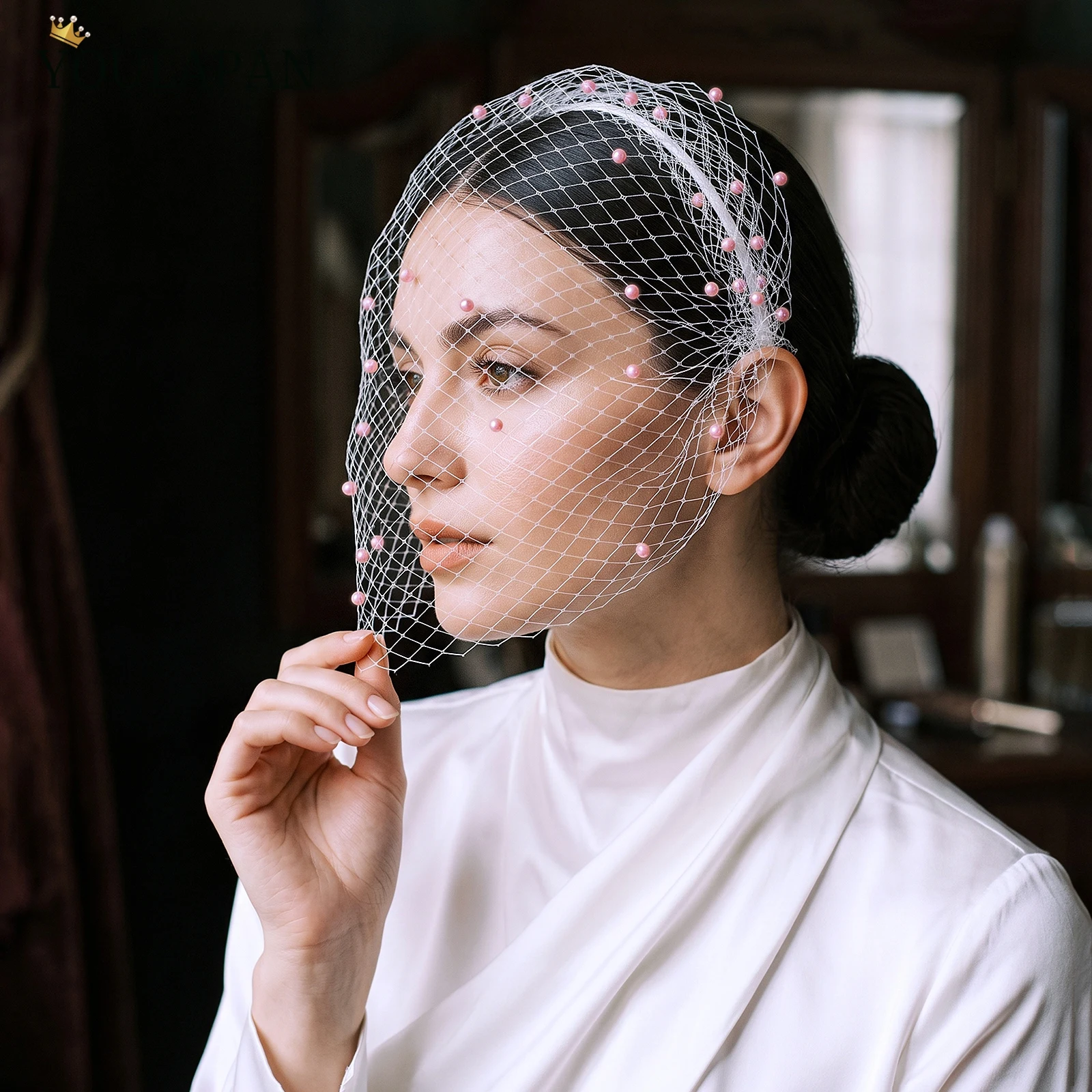 TOPQUEEN Pink Pearl Birdcage Veil White Blusher Veil Cage Veil Face Veil Pearl Headband Hair Accessory Va44
