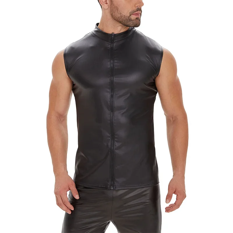 Men Punk Style Matte Black Patent Leather Shirt Summer Sleeveless Zipper Cardigan Blouse Male Slim Fit Stretch Tops Casual Vest