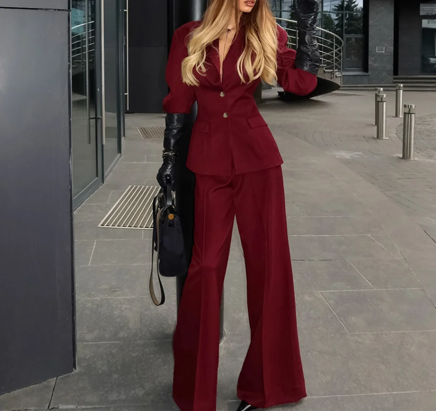 

2 Piece Sets Autumn Winter Vintage Wine Red Small Suit Top Long Pants Set Women's Top Priority Slimming Temperament Suit Set