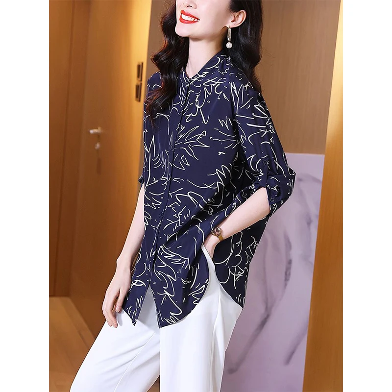 Summer Fashion Oversized Polo-neck Printing Long Shirt Female 3/4 Sleeve Vintage Loose Casual Buttons Top Women Elegant Blouse